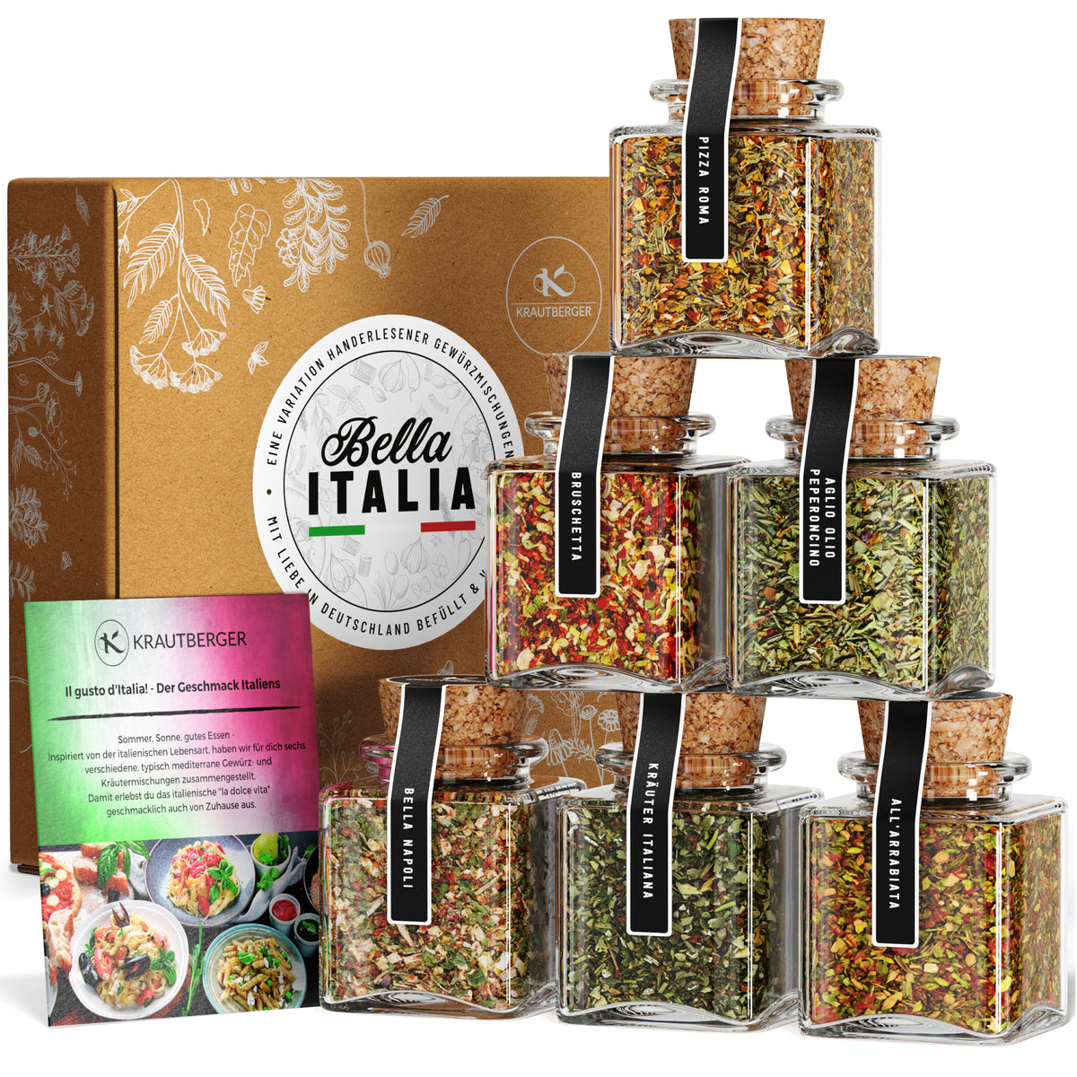 Bio Italien Geschenkbox Bella Italia – 6 italienische Kräuter & Gewürzmischungen inkl. Rezepten – Premium Geschenkset für Italien-Fans & Hobbyköche