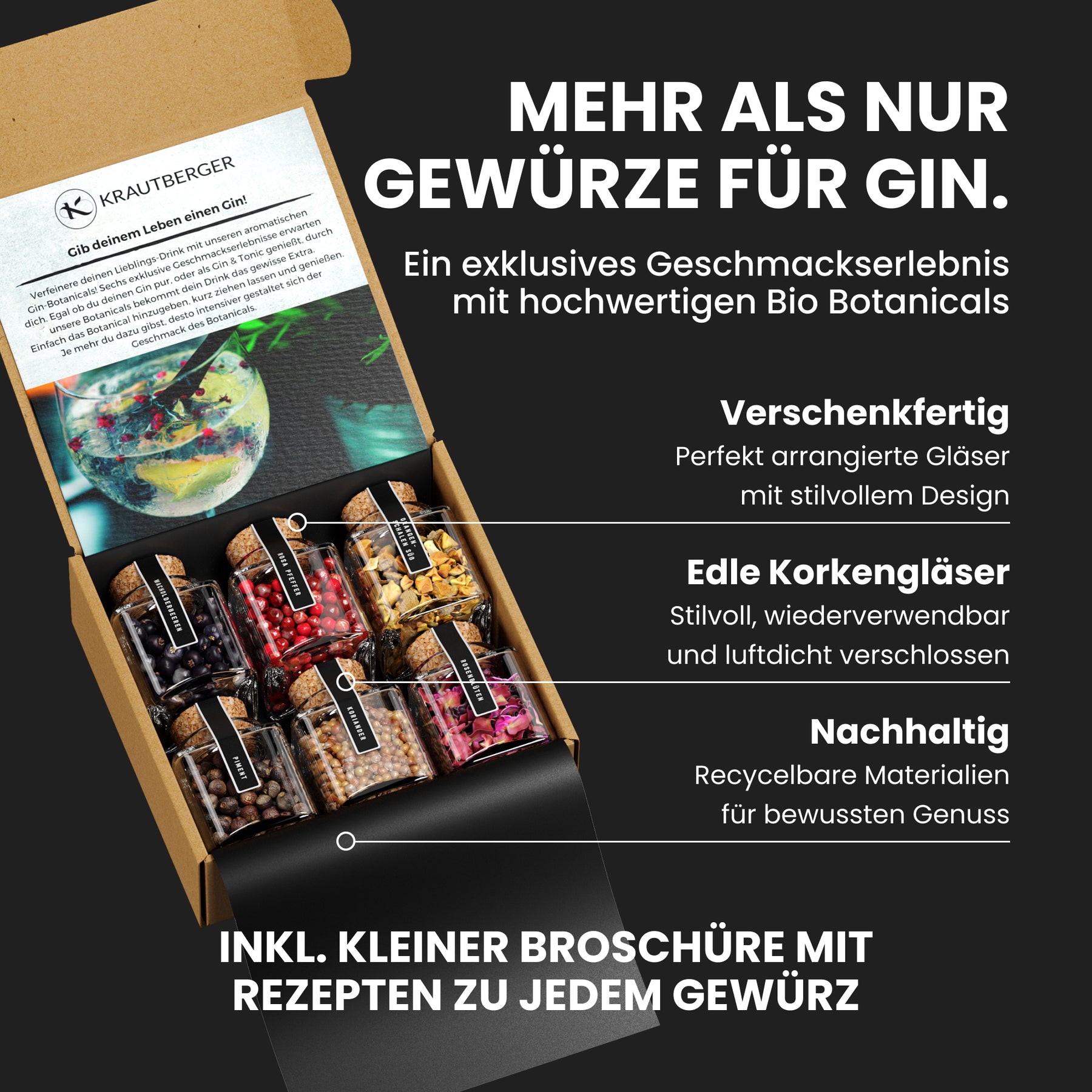 Gin Botanicals Geschenkset – 6 Premium-Gin-Gewürze in Bio-Qualität inkl. Rezepten – DIY Geschenkbox mit hochwertigen Gin-Zusätzen für Genießer und Gin-Fans