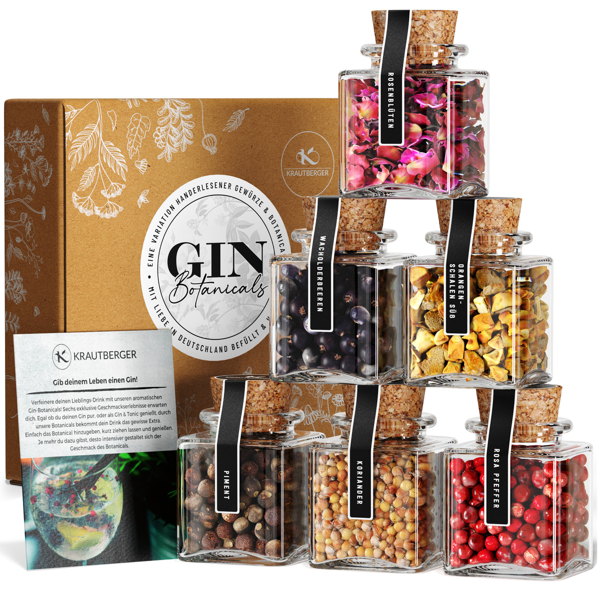 Gin Botanicals Geschenkset – 6 Premium-Gin-Gewürze in Bio-Qualität inkl. Rezepten – DIY Geschenkbox mit hochwertigen Gin-Zusätzen für Genießer und Gin-Fans