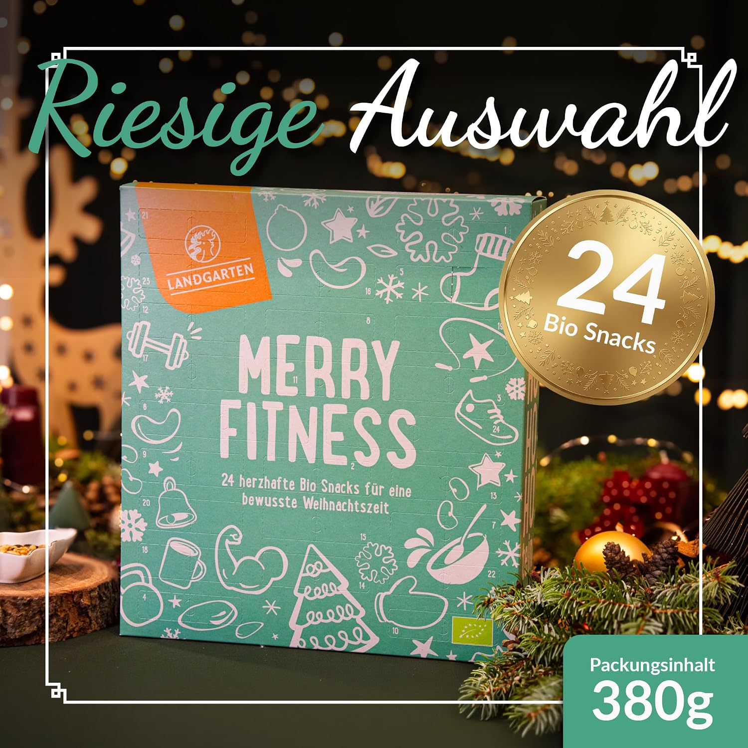 Merry Fitness Adventskalender 2026 mit 24 herzhaften Bio-Snacks vegan Nüsse