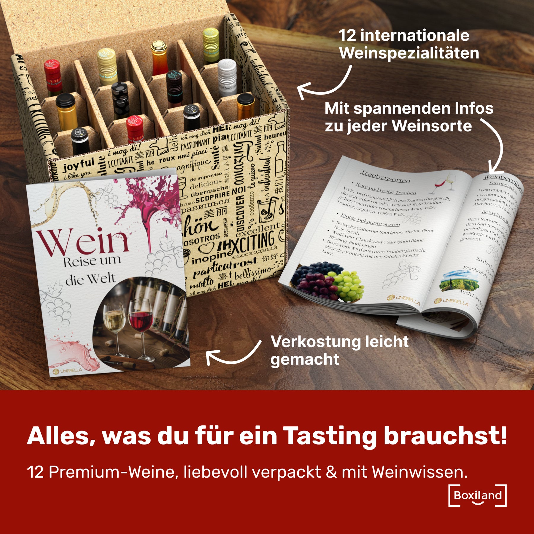 BOXILAND® Wein Geschenk Set [ERSTKLASSIGES WEINPROBE SET] - Weingeschenke für Frauen & Männer - Weinset Geschenk - Rotweine & Weißweine Set Geschenkbox - Wine Tasting Set Weinpaket Box (12x0,25l)