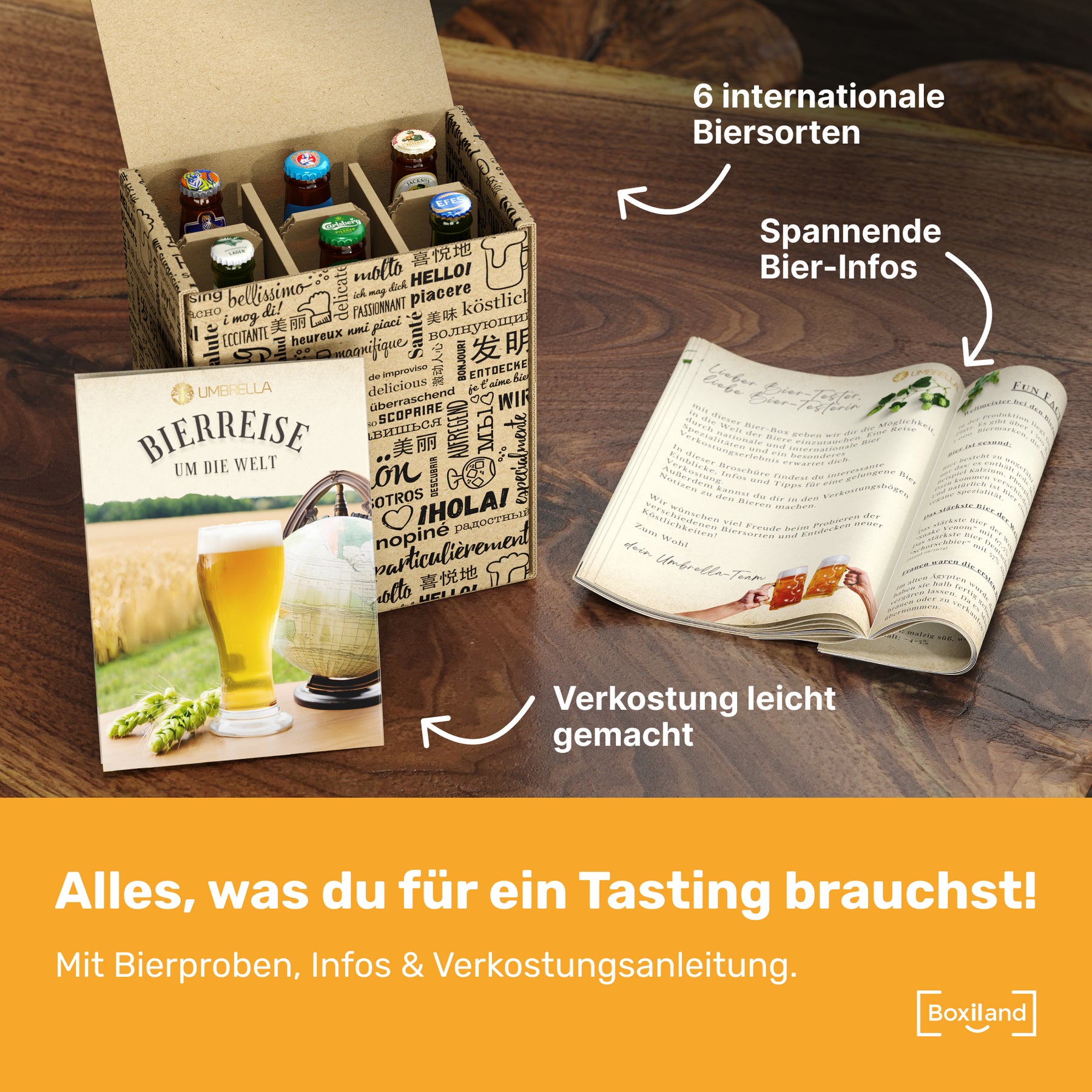BOXILAND® Bier Geschenk Probierset [INKL. BIER-BROSCHÜRE] – Bier Set Bier Tasting – Bier Probierset besonderes Bier – Biertasting Bier Geschenke für Männer – Geschenk Biere aus aller Welt (6 × 0,33l)
