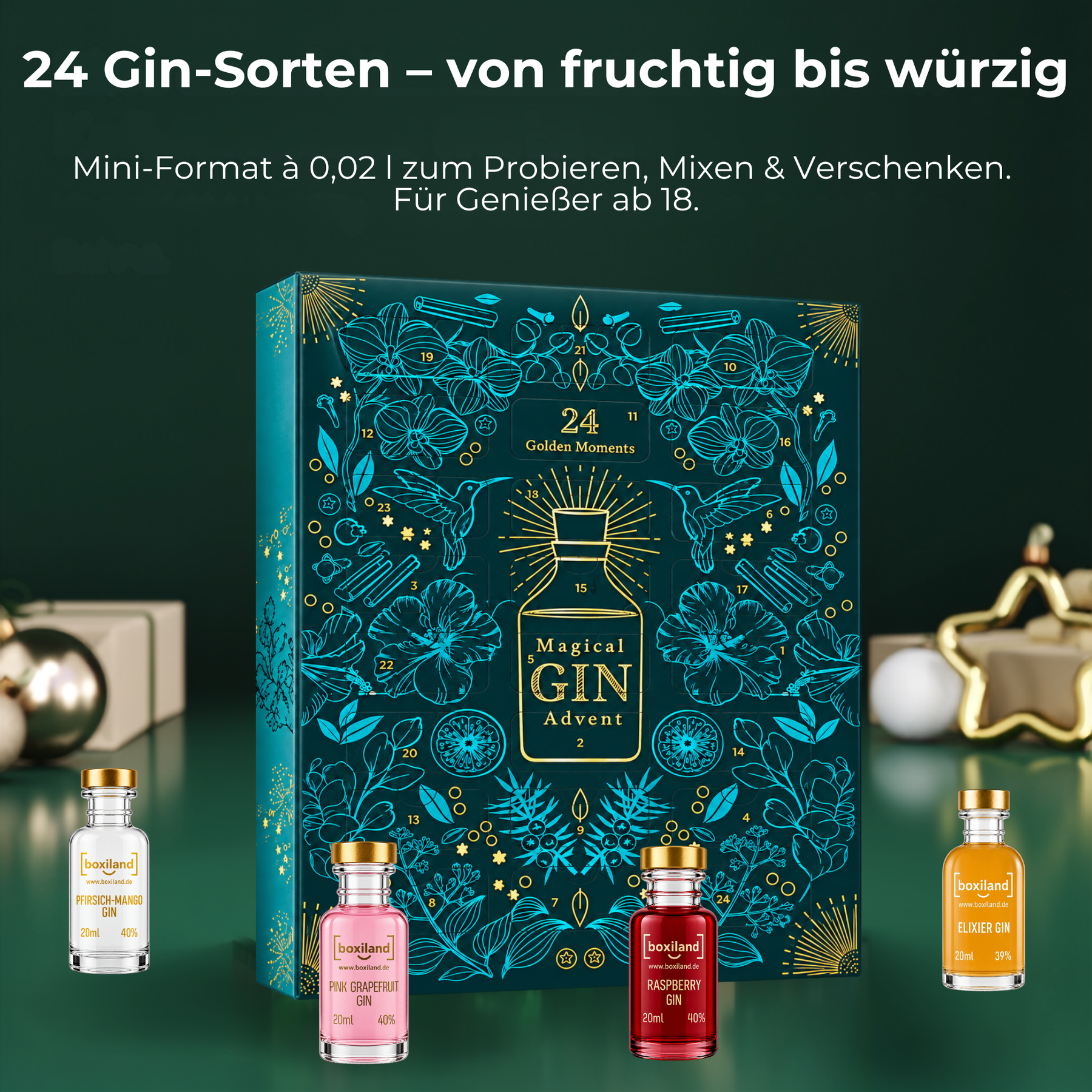 BOXILAND® Gin Adventskalender 2026 mit 24 Sorten à 0,02 l Gin-Tasting