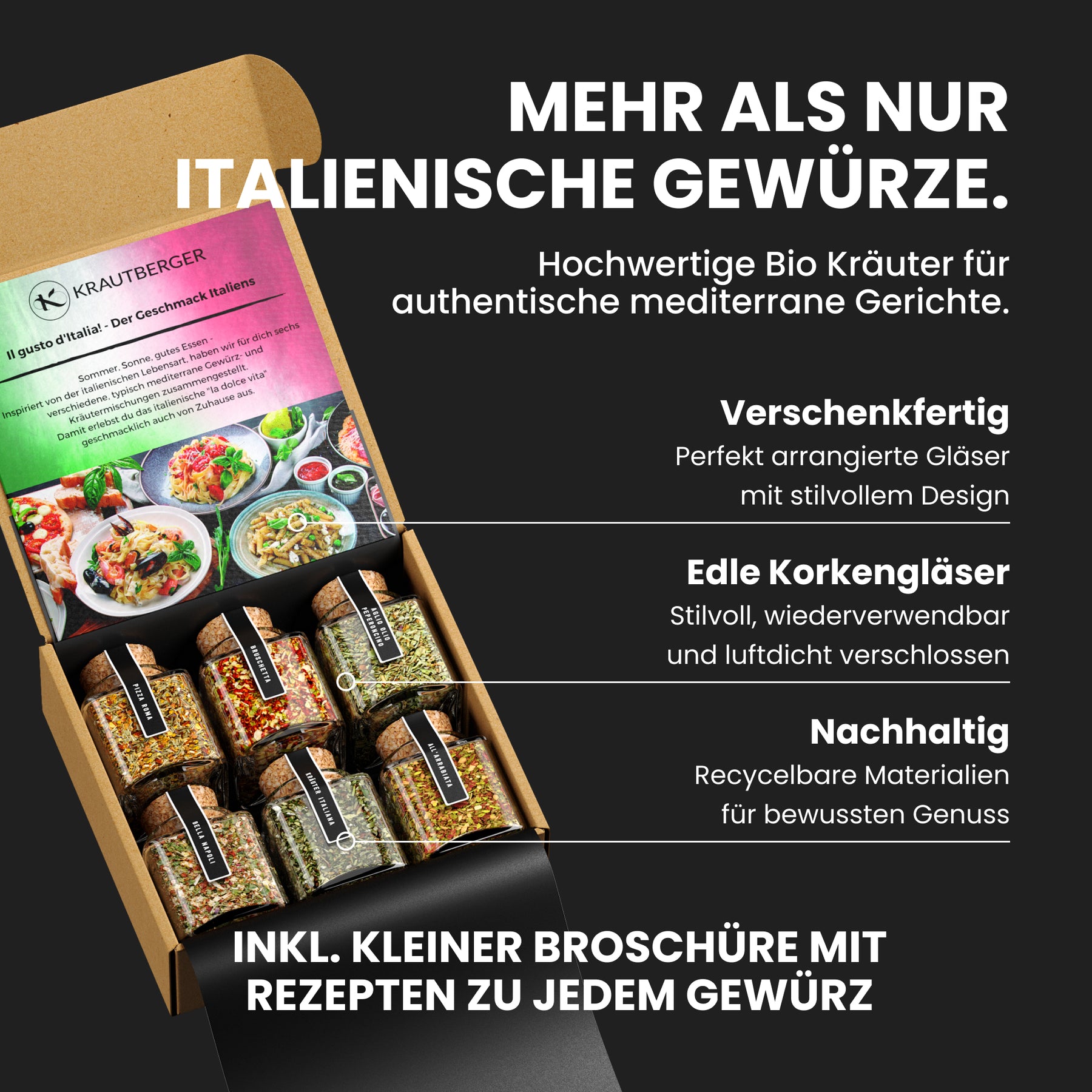 Bio Italien Geschenkbox Bella Italia – 6 italienische Kräuter & Gewürzmischungen inkl. Rezepten – Premium Geschenkset für Italien-Fans & Hobbyköche