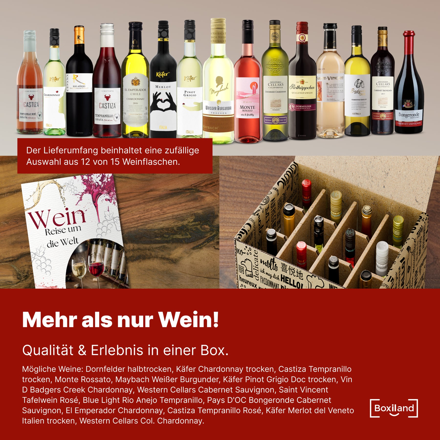 BOXILAND® Wein Geschenk Set [ERSTKLASSIGES WEINPROBE SET] - Weingeschenke für Frauen & Männer - Weinset Geschenk - Rotweine & Weißweine Set Geschenkbox - Wine Tasting Set Weinpaket Box (12x0,25l)