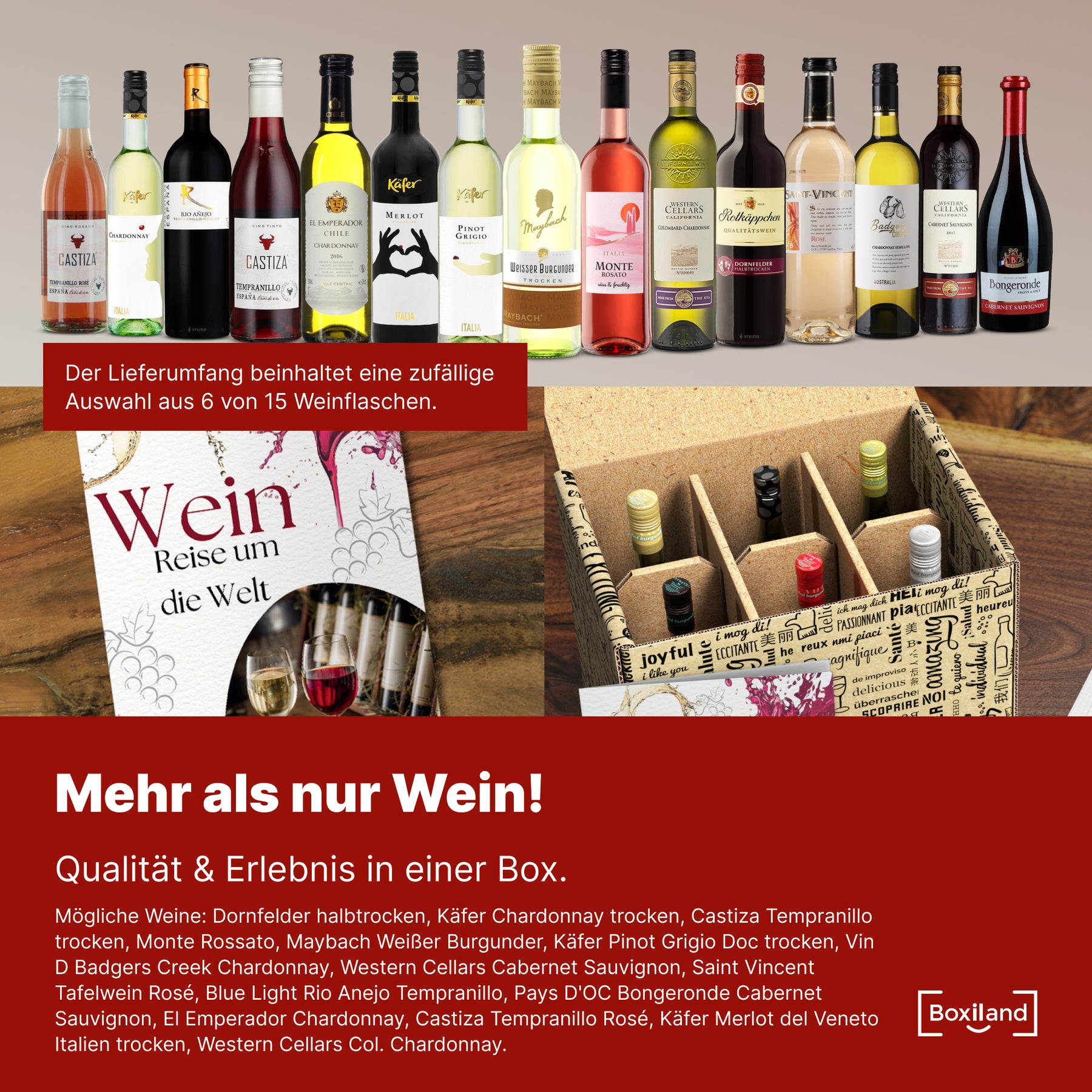 BOXILAND® Wein Geschenk Set [ERSTKLASSIGES WEINPROBE SET] – Weingeschenke für Frauen & Männer – Weinset Geschenk – Rotweine & Weißweine Set Geschenkbox – Wine Tasting Set Weinpaket Box (6x0,25l)