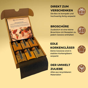 Gewürze Geschenkbox I 6 Gewürzmischungen aus aller Welt Geschenk Premium Box I Geschenkset Gewürz in Bio-Qualität + Rezepte