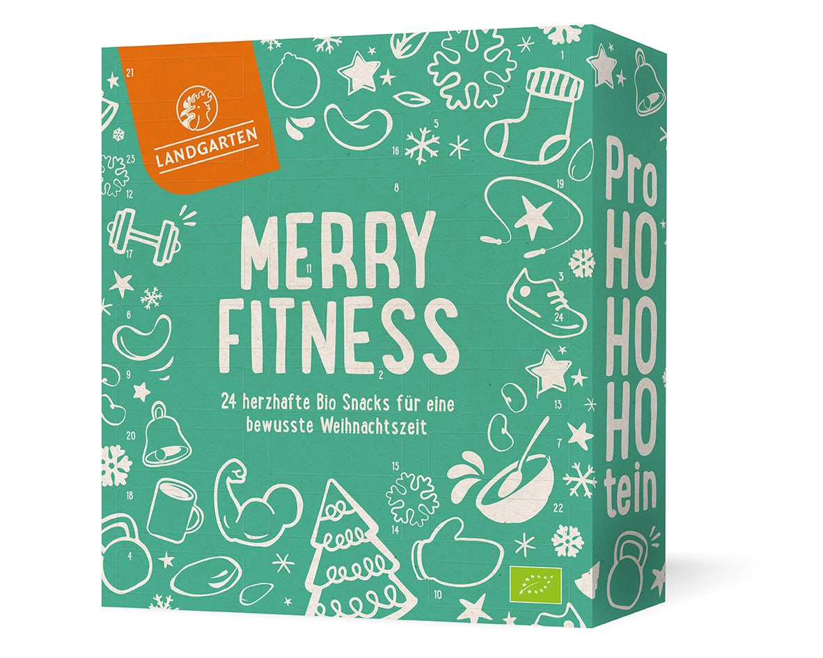 Merry Fitness Adventskalender 2026 mit 24 herzhaften Bio-Snacks vegan Nüsse