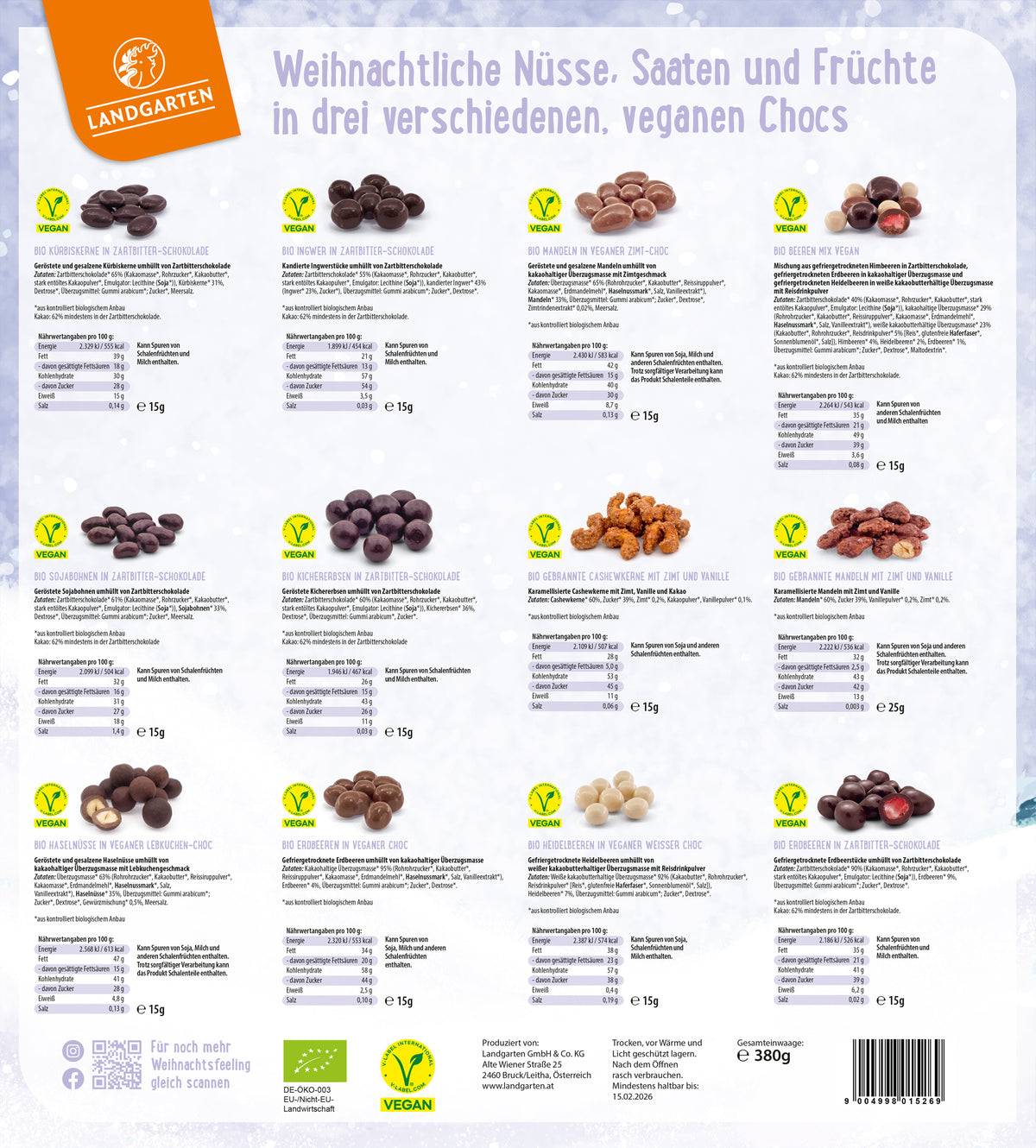 Bio Adventskalender 2025 – Vegane Nüsse, Saaten & Früchte in Zartbitter-, Choc- & Weißer Choc | 24 Einheiten | Palmölfrei & Handverpackt