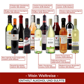 Weinbox Weltreise als Präsent (12 × 0,25l) für Weinliebhaber I Geschenkbox für Männer, Frauen als Präsent für Weihnachten zum Geburtstag Aufmerksamkeit